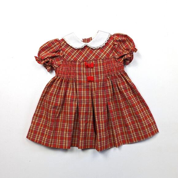 Vintage A Little Angel Dress Girls Size 18m Red Plaid Smocked Peter Pan Collar - Picture 1 of 6